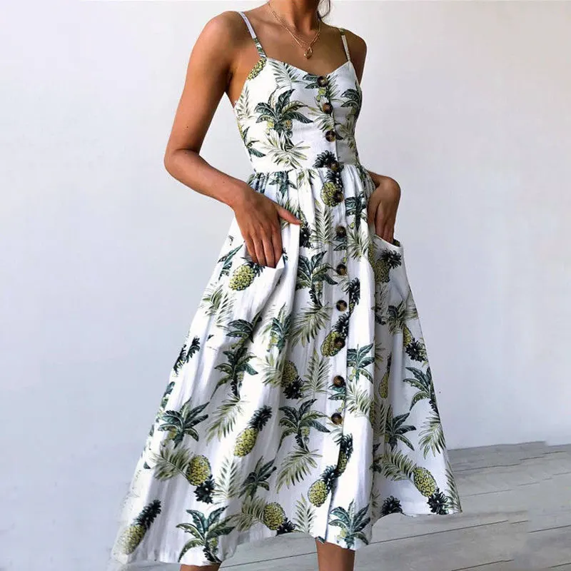 

New arrival 2019 summer dress women fashion spaghetti strap stripe print mid long dress ladies v-neck sexy beach dress women