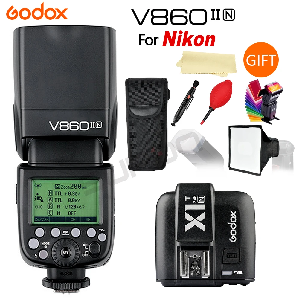 

Godox Flash V860II V860II-N GN60 i-TTL HSS 1/8000s Speedlite with Li-ion Battery + XIT-N Speedlite trigger +gift kit for Nikon