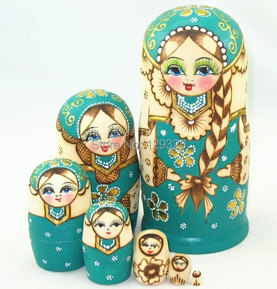 7 шт./компл. ручной работы деревянные русские косы девушка куклы традиционные матрешки куклы с пожеланиями подарок зеленый