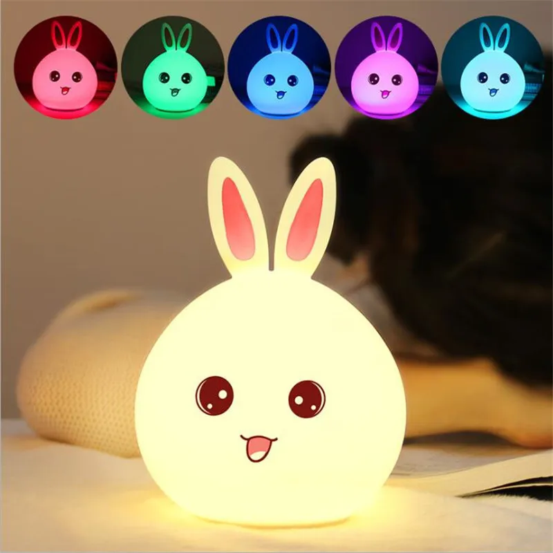 

LED RGB Silicone Night Light Rabbit LED Water Droplets Silicone Nightlight 7 Color Changing Induction Lamp Bedroom Bedside Lamp