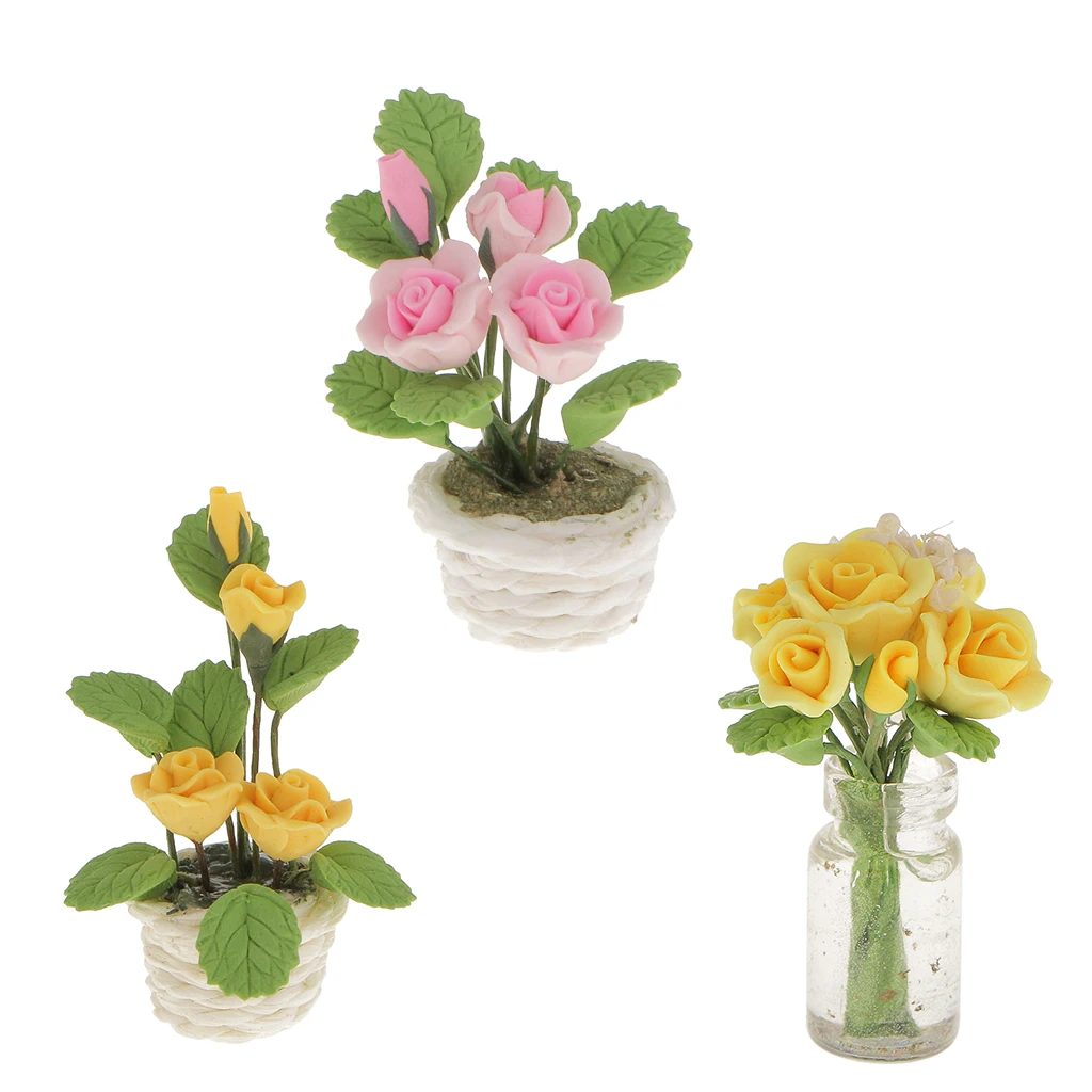 Miniature Yellow Rose Buds Flowers in White Rattan Pot Dolls House Fairy Garden Plant Ornament Accessory