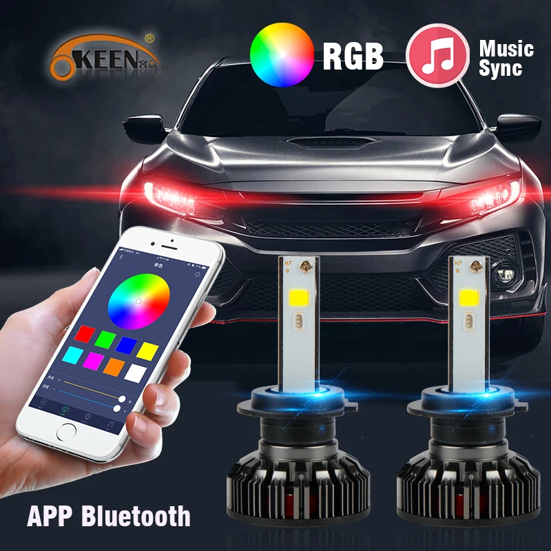 

OKEEN Car RGB LED Headlight H1 H3 H4 H7 H8 H11 9005 9006 H13 9012 5202 LED Bulbs APP Bluetooth Control Multi-color 50W 7600LM