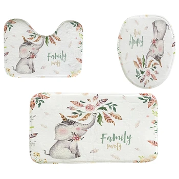 

4Pcs Home Bathroom Decor Set Cool White Background Flower Elephant Pattern Toilet Seat Cover Bath Mat Set Waterproof Shower Cu