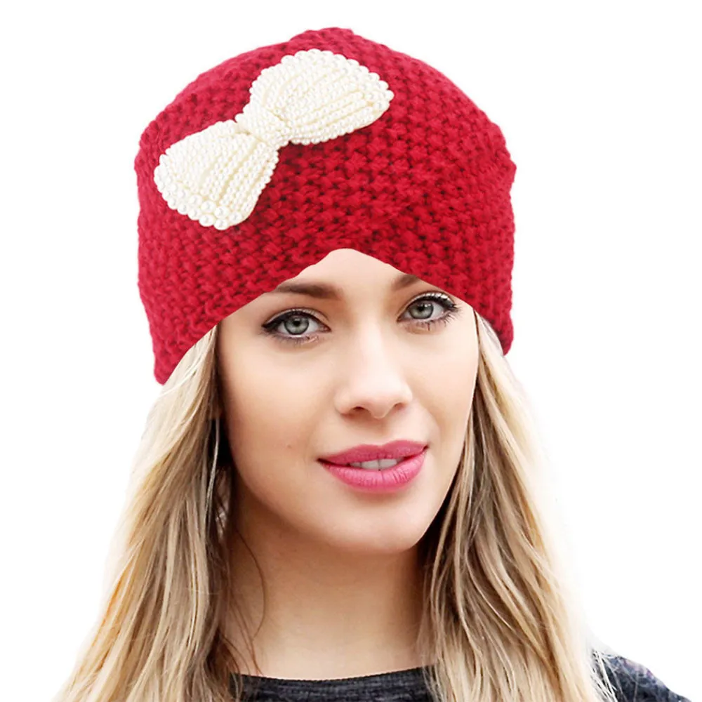 

Women Ladies Bow Winter Knitting Hat Turban Brim Hat Cap Pile Cap