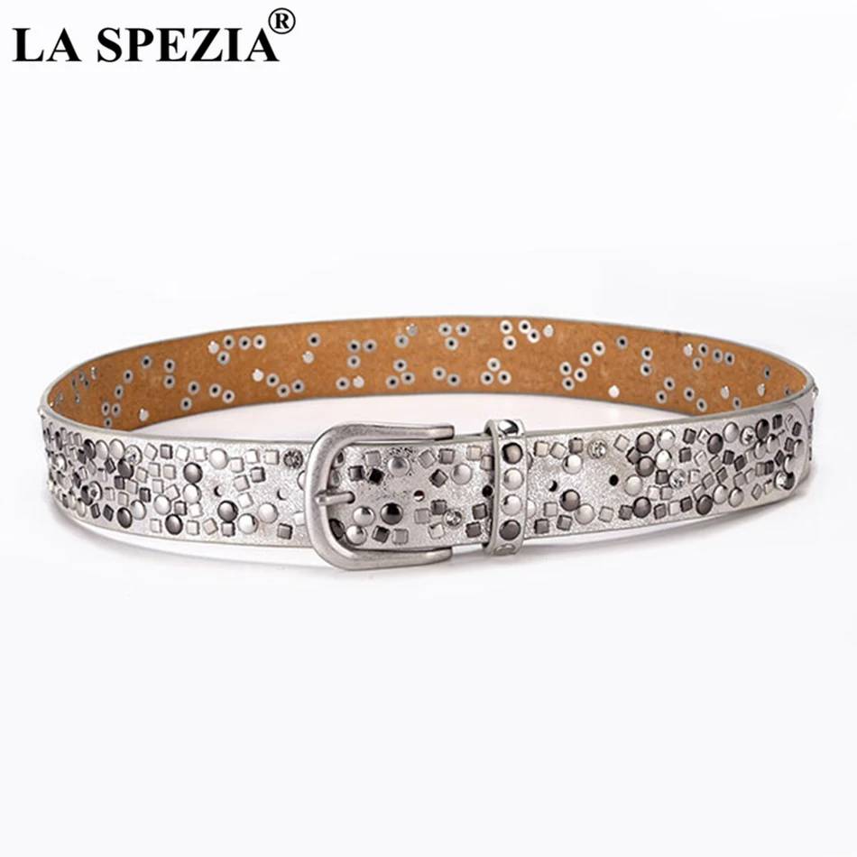 LA SPEZIA Women Belt Rivet Genuine Cow Leather Belt For Jeans Ladies Black Real Leather Brand Female Rock Pin Buckle Belts 110cm