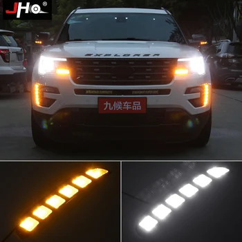 

JHO 12V Car LED DRL Daytime Running Light Yellow Turn Signal Light For Ford Explorer 2016 2017 Waterproof Styling Accessories