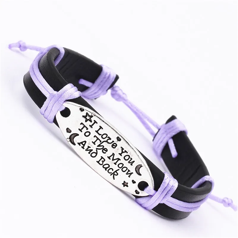 

I LOVE YOU TO THE MOON AND BACK letters Bracelets for Men Black Vintage Punk Cuff Adjustable Length Male Female Jewelry