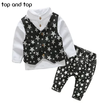 

Top and Top Boy Clothing Sets 2017 Autumn Gentleman Cotton Stars Prints Vest+Shirts+Pants 3PCS Boy Clothes Set Children Clothing