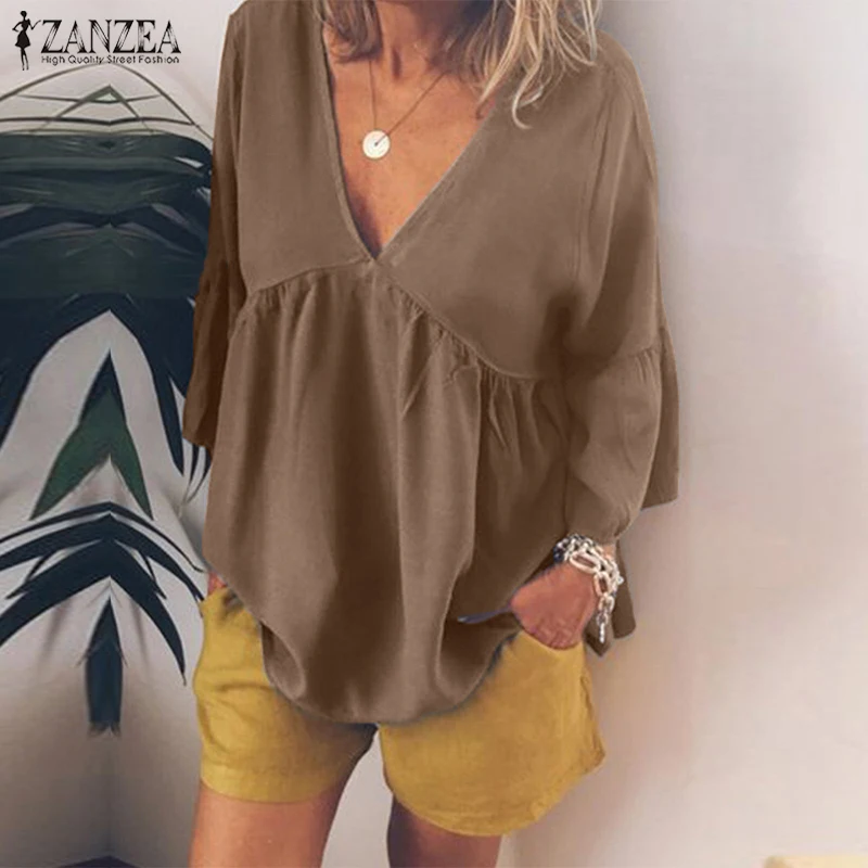 

2019 ZANZEA Elegant Women Long Sleeve Party Blouse Autumn Solid Ruffles Cotton Tunic Tops Sexy V Neck Loose Shirt Blusas Female