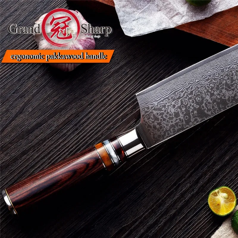 7 ''ножи накири 67 слоев углеродистой стали японский дамасский кухонный нож из нержавеющей стали нож шеф-повара овощной нож Подарочная коробка Grandsharp
