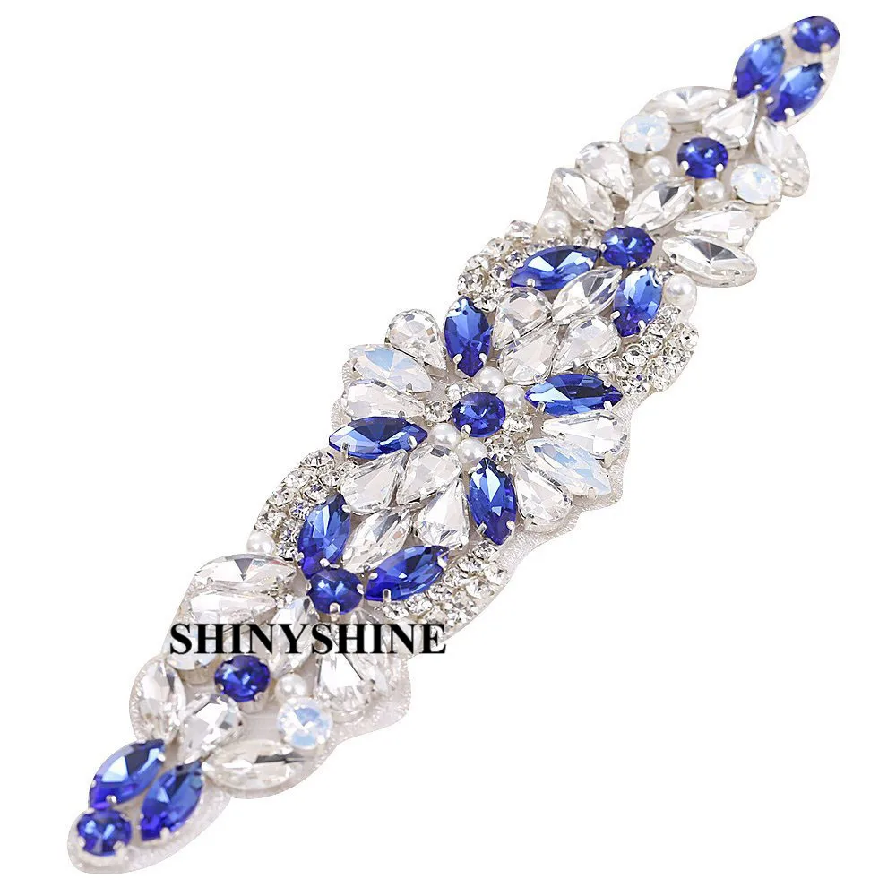 

Silver and Blue Crystal Rhinestones Appliques Wedding Bridal Applique Patch Trim For Bridal Sash Sew On for Bridal Belt RA103