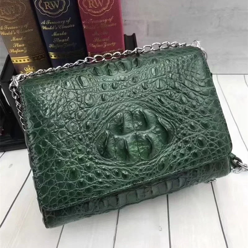 Luxury Designer 100% Genuine Crocodile Skin Leather Women’s Small Evening Purse Silver Chain Bag Green Color Single Shoulder Bag