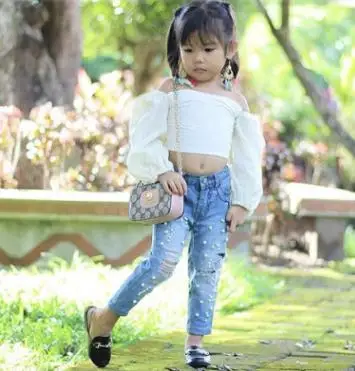  Hot Sales Children Set 2019 Summer Fashion Off Shoulder Baby Girl Clothes Top +hole Jeans 2pcs Set 