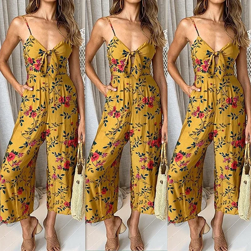 Summer Bohemian Yellow Beige Floral Print Rompers Women Jumpsuits Pants