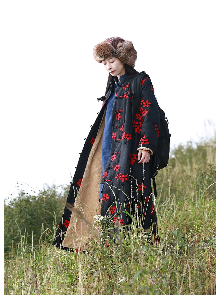 LZJN Women's Chinese-Style Floral Embroidered Trench Coat, Maxi Loose Overcoat, Windproof Fleece Jacket, for Autumn and Winter