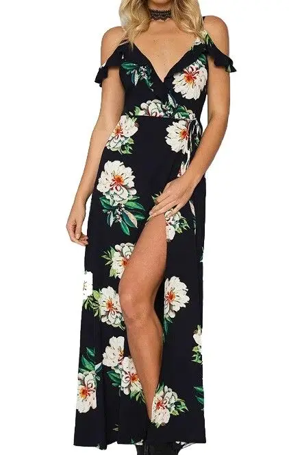 Floral print ruffles chiffon maxi dress Strap v neck split beach summer dress Sexy backless women dress long vestidos boho chic long-floral-maxi