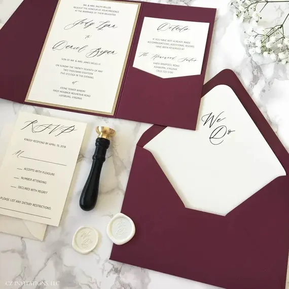  CA0609 Customized Burgundy Pocketfold Wedding invitations with RSVP - 1876151859