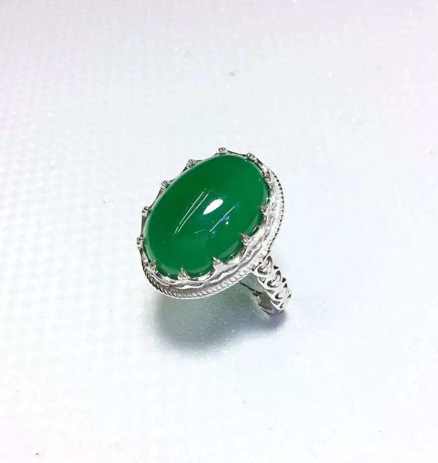 

Silver Wholesale S925 Sterling Silver Inlaid Pure Natural Green Chalcedony Fine Pattern Open Ended Ring
