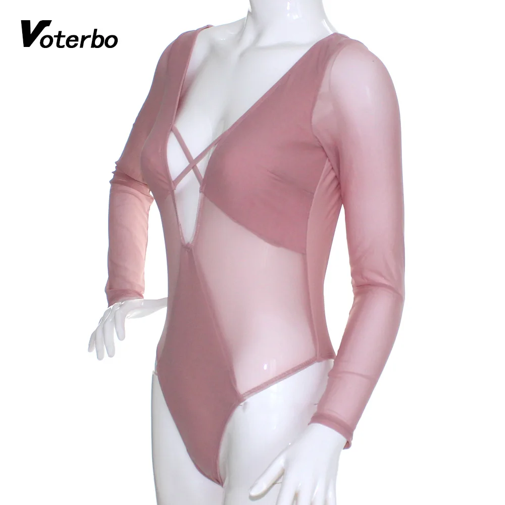 

Voterbo Long Sleeve Mesh Swimsuits One Piece Bathing Suit Deep V Neck Back Hollow Out Bikini Swimwear