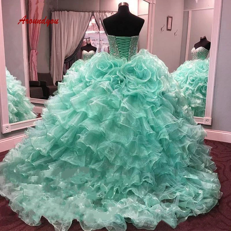 Роскошное мятно-зеленое платье Quinceanera бальное с кристаллами для выпускного