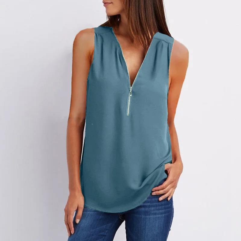 Plus Size S-5XL Chiffon Blouse Women Shirt Summer Sexy Sleeveless V Neck Zipper Blusas Casual Loose Tees Tank Tops Ladies Shirt womens shirts Blouses & Shirts