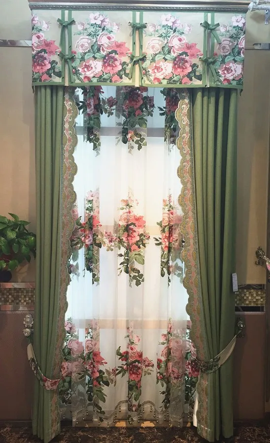 

Ready Linen curtain drapes valance set hook eyelet floral tulle 1651m9, customize curtains