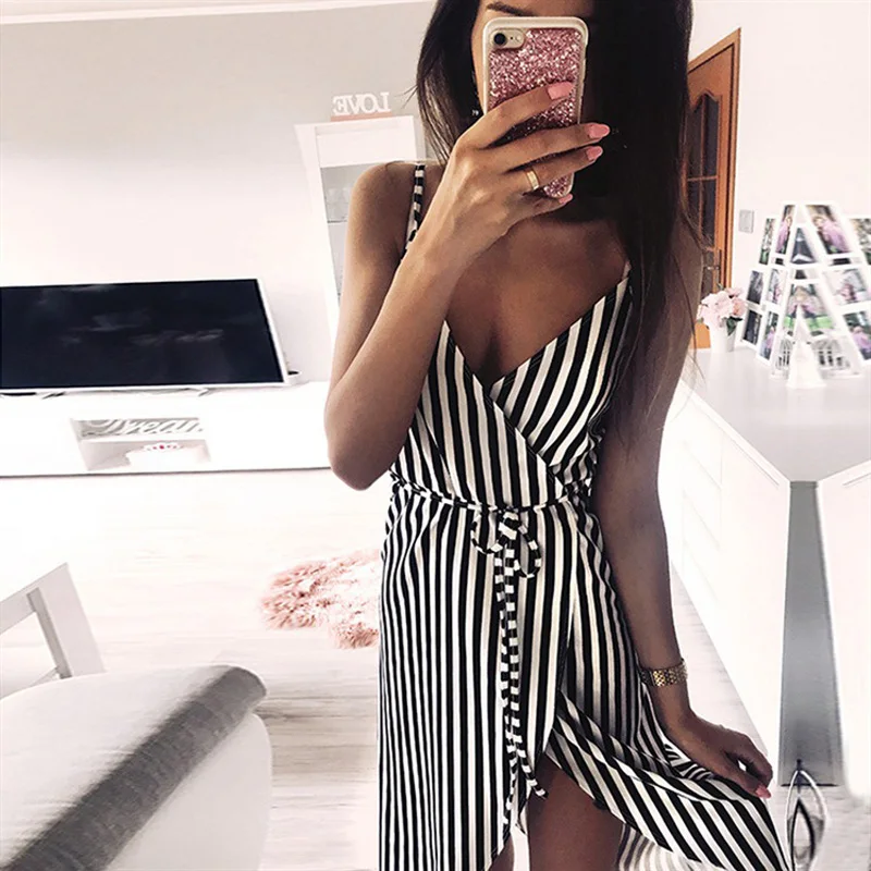 

Women Stripe Printing Sleeveless Off Shoulder Dress Evening Party Vest Empire Sashes dress women 2019