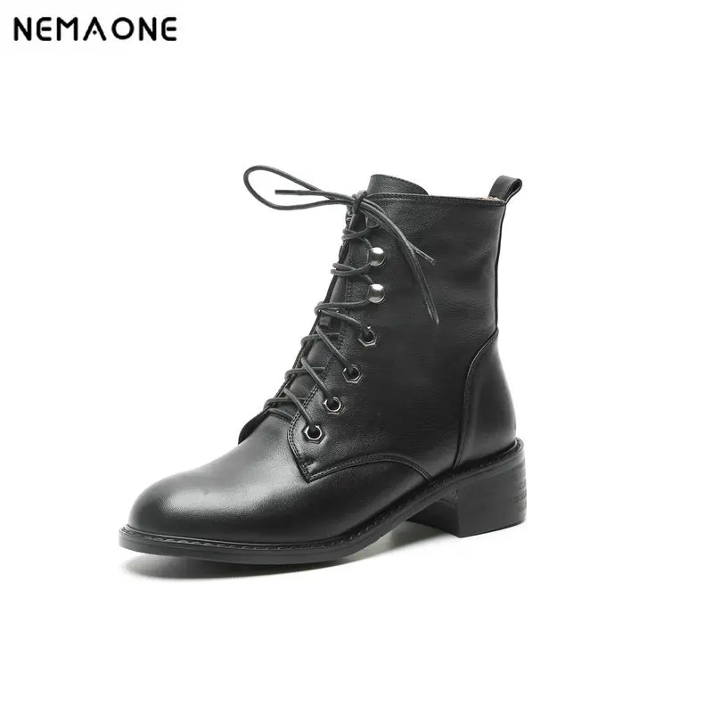 

NemaoNe New spring Winter Women Boots High Quality Lace-up European Ladies shoes genuine leather high heels Boots