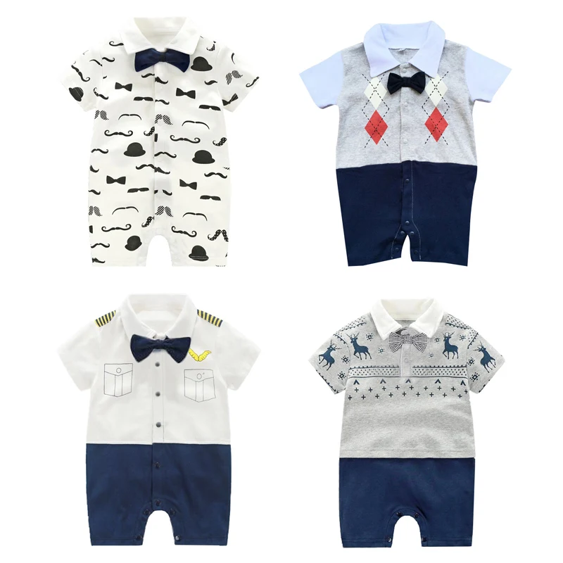 

Infant Baby Gentleman Design Short Sleeve Rompers Kids Boys With Bowknot Jumpsuit Newborn Clothes