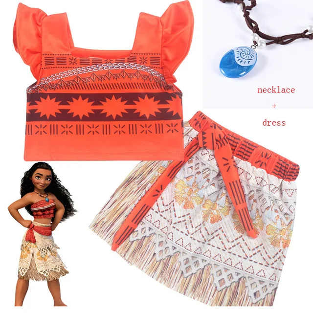 

2019 Princess Moana Cosplay Costume for Children Vaiana dress Costume with Necklace for Halloween Costumes for Kids Girls Gifts