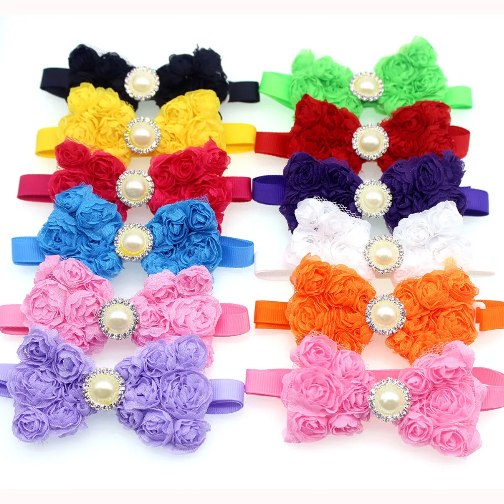 

Hot !50pcs Pet Dog Bow Ties Chiffon Rose Diamond Ribbon Pet Bowties Pet Dog Neck Collar Accessories Pet Grooming Shop