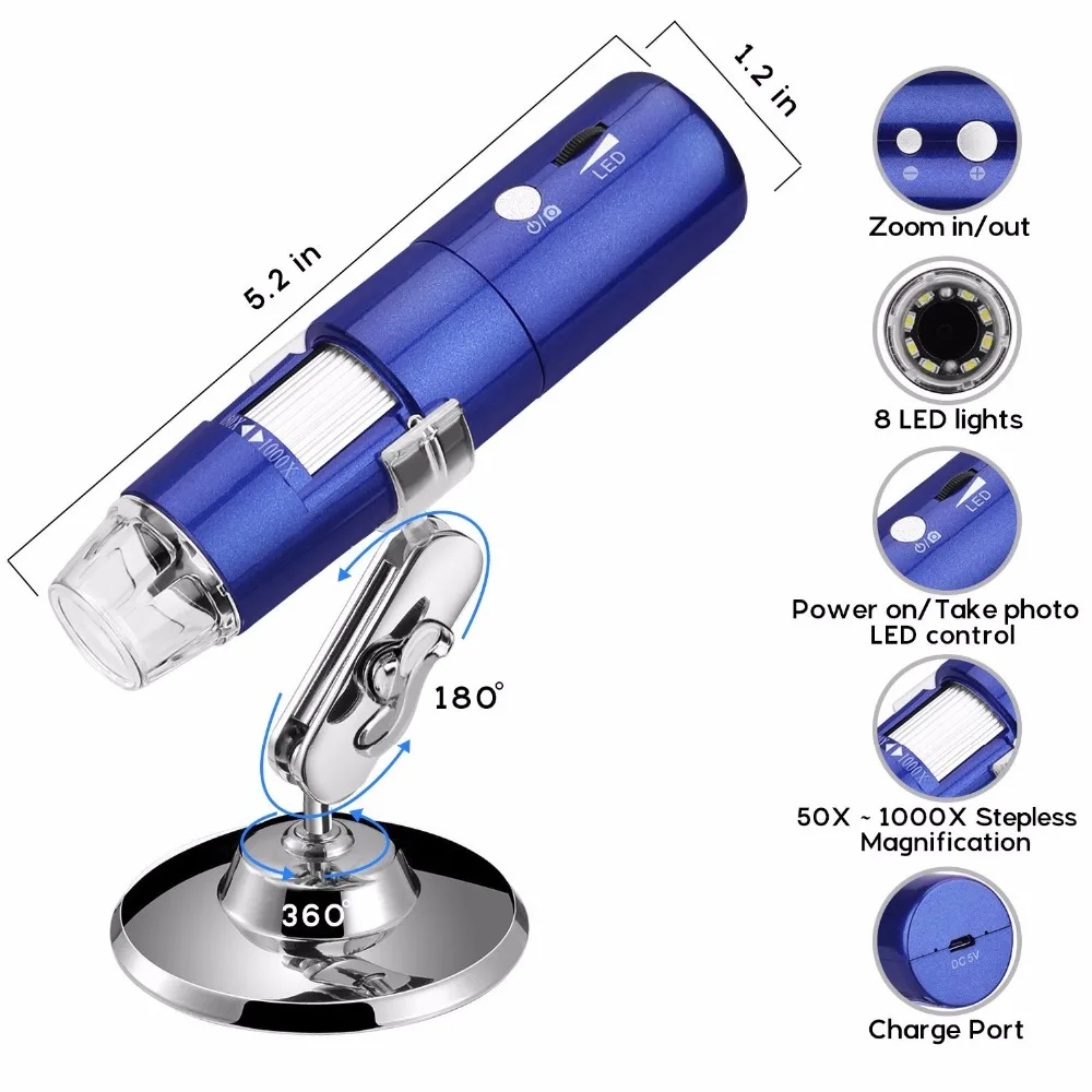 Цифровой WiFi микроскоп HD 2 мегапикселя 1000x увеличение эндоскопа камера 8 светодиодов с металлической подставкой для IOS и Android планшета