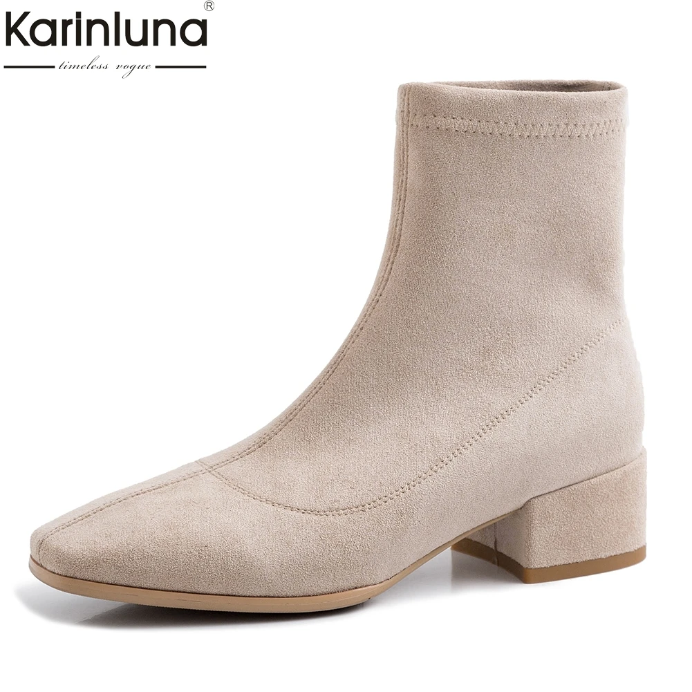 

Women's 2019 Brand Design Stretch Sock Boots Woman Shoes Square Toe Chunky Heels INS Ankle Boots Women Shoes Woman