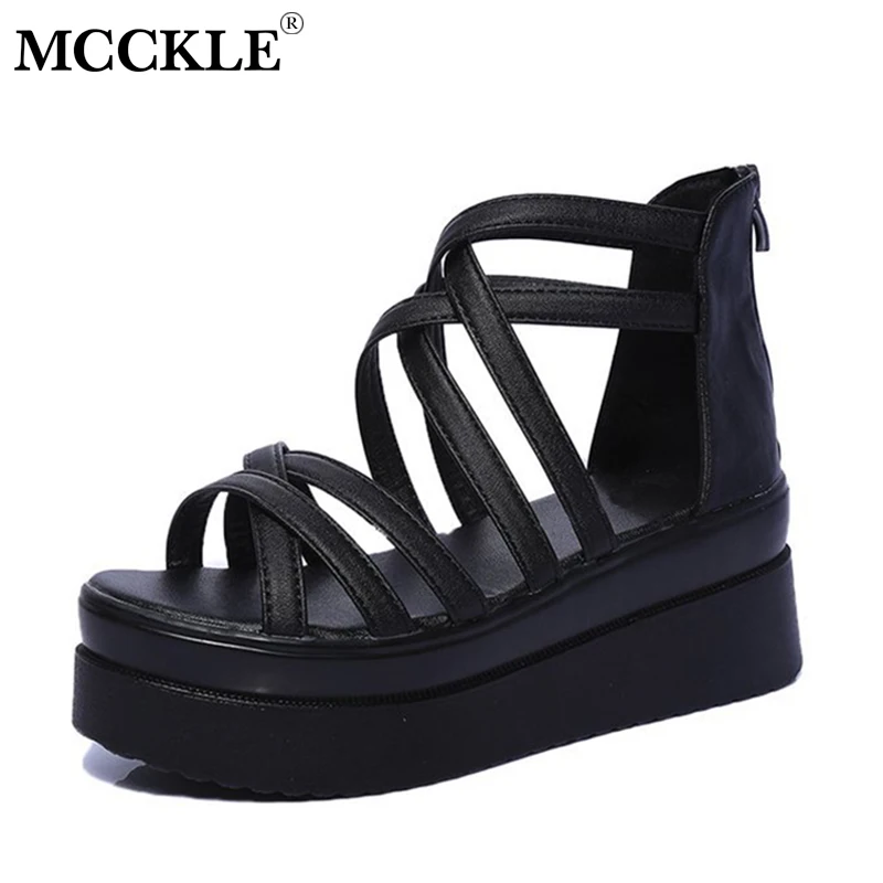 

MCCKLE Women Gladiator Sandals Summer Creepers Platform Female Wedges Shoes Rome Style Cross Strap Ladies Casual Beach Shoe