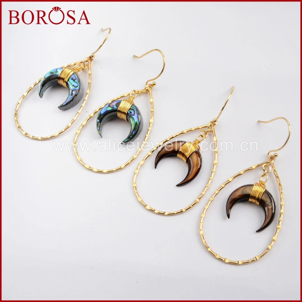 

BOROSA 5pairs Gold Color Abalone & Brown Shell Horn Teardrop Earrings Natural Shell Drop Earrings Special Gifts for Lady G1585