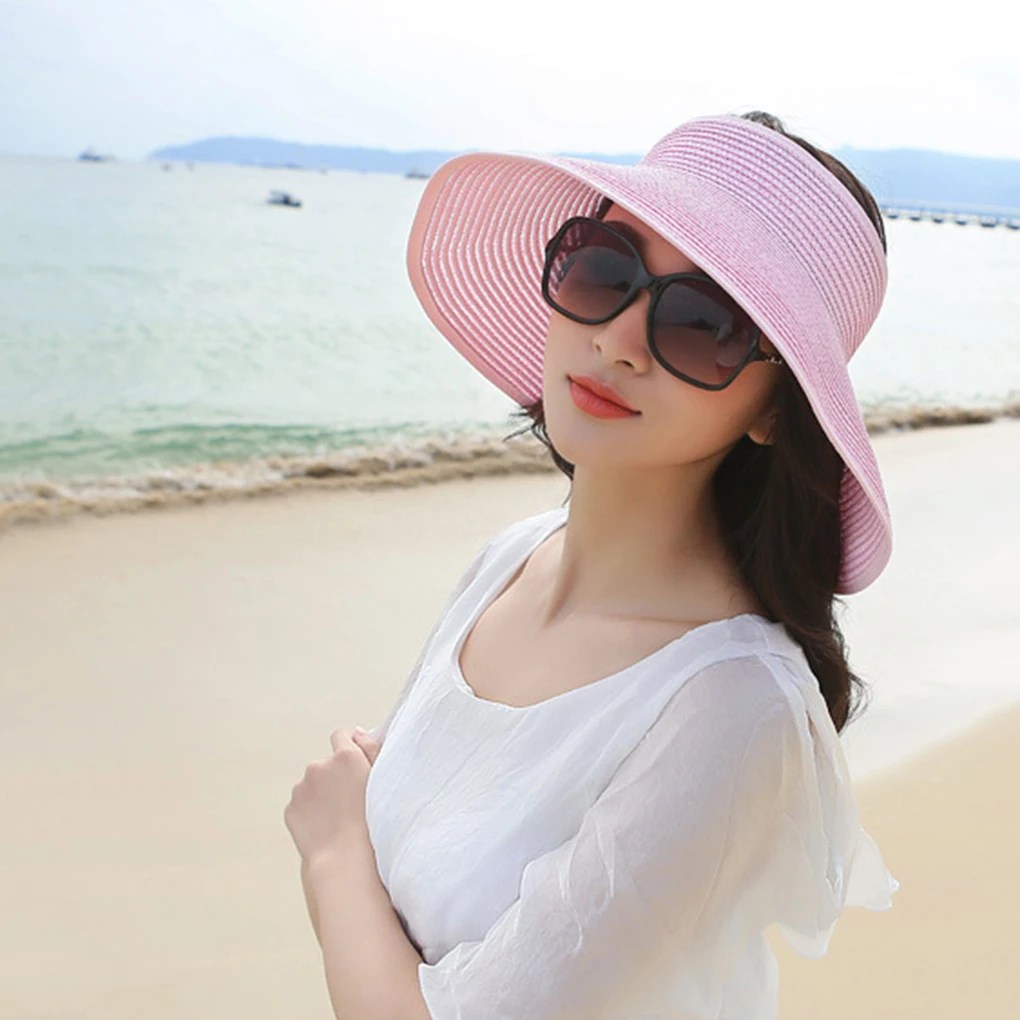 

Fashion Women Straw Wide Brim Bowknot Panama Cap Girl Floppy Visor Summer Beach Sun Hat Empty Top Sunshade Camping Cap