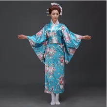 Распродажа, синее японское атласное юката с Obi, сексуальное женское Новое модное кимоно Haori, новинка, винтажные вечерние платья для выпускного вечера с цветочным рисунком, один размер