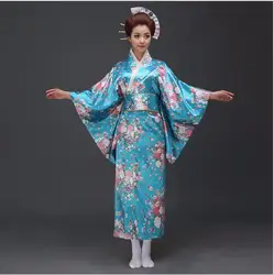 Распродажа синий японский атлас юката с Оби пикантные Для женщин Новая мода кимоно хаори Новинка Винтаж вечерние платье для выпускного