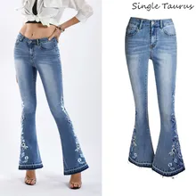 Женские джинсы с тяжелой вышивкой, модные, уличные, с рисунком, расклешённые джинсовые брюки, синие, отбеленные, обтягивающие, vaqueeros Mujer, большие размеры 4XL