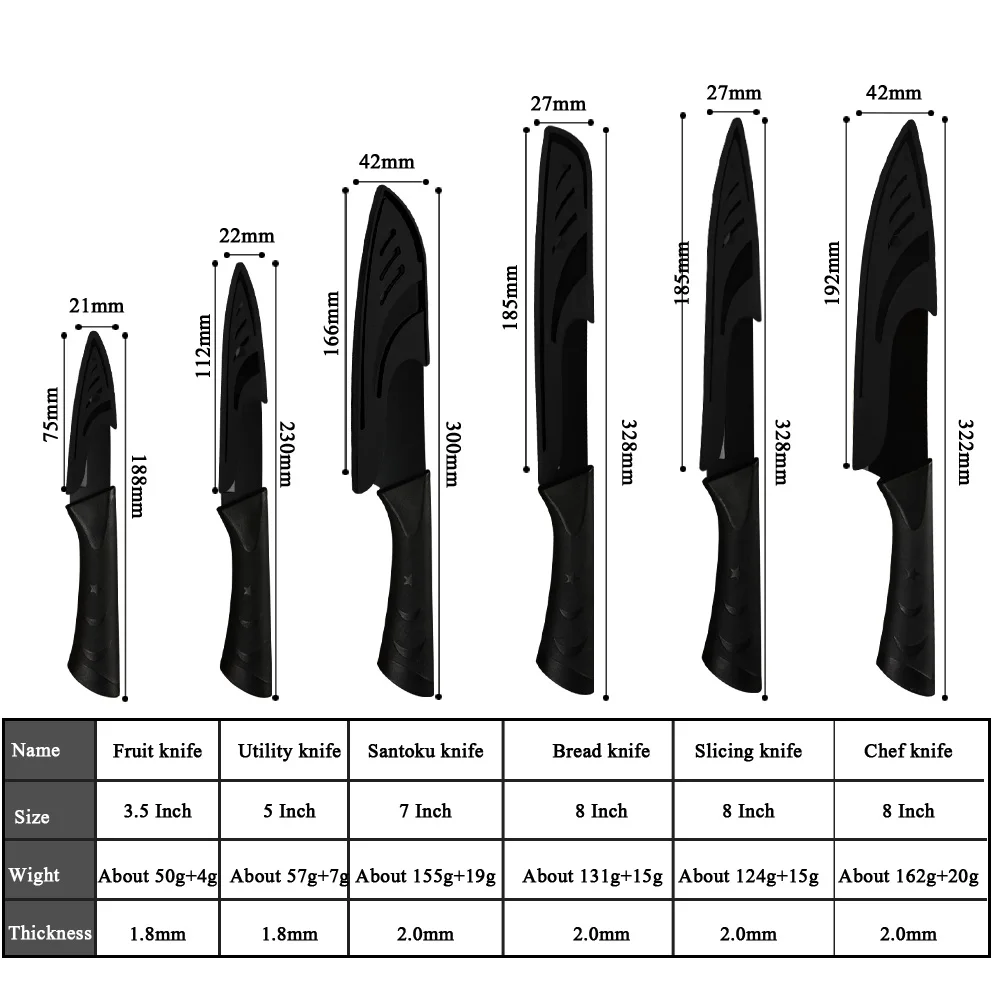 COOBNESS набор кухонных ножей шеф-повара, нож для приготовления фруктов, овощей, измельчитель, нож для нарезки хлеба, нож с черным лезвием, ножи с крышкой
