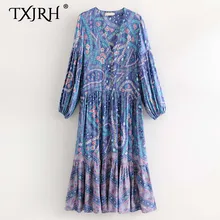 TXJRH Vintage Bohemia Ethnic Floral Print V-Neck Chest Button Pleated Dress Retro Women Long Sleeve A-Line Holiday Long Dress
