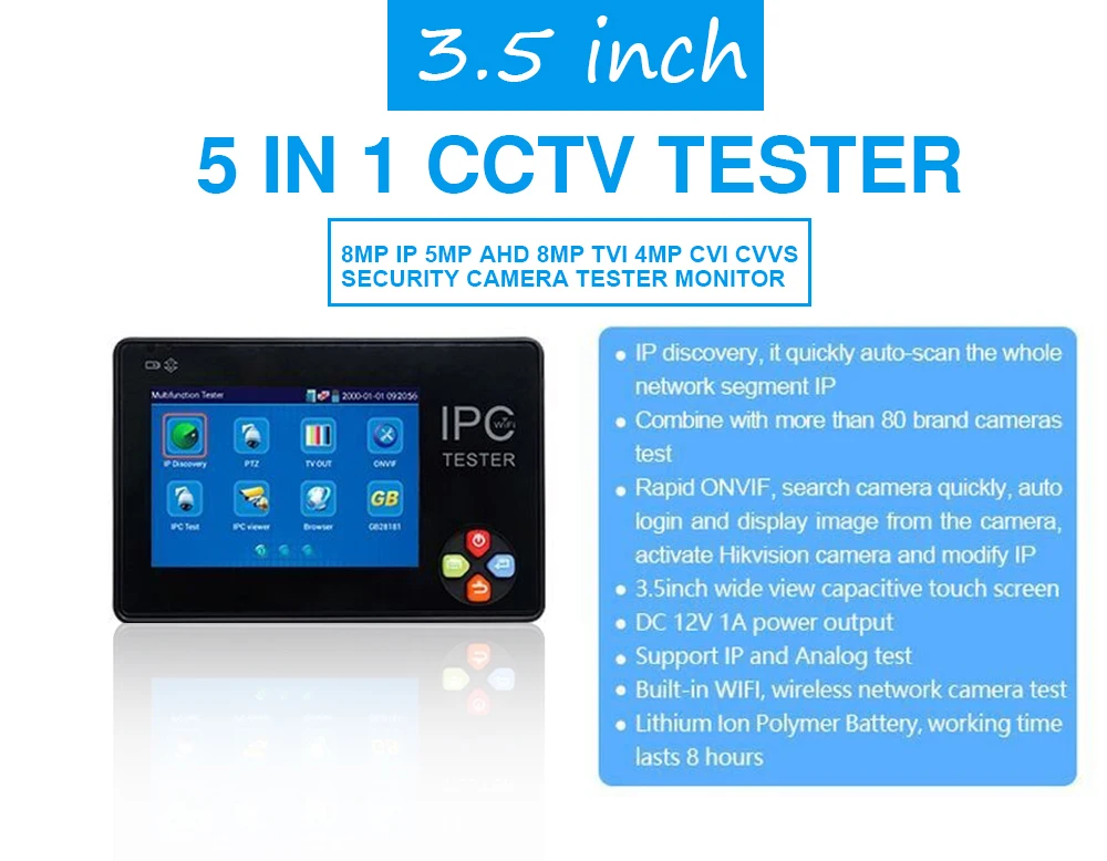 Новинка 3,5 дюймов H.265 4K IP CCTV тестер IP AHD CVI CVBS TVI ip-камера тестер ONVIF PTZ wifi 12V1A выход беспроводной wifi монитор