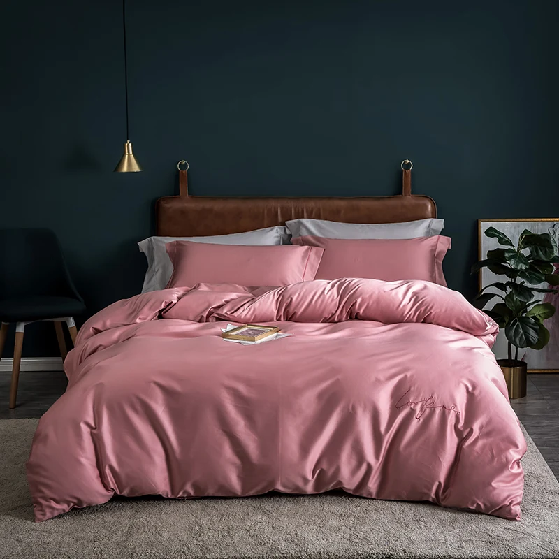 

100% Cotton Duvet Cover Embroidered Solid Quilt Cover Rose Pink Hidden Zipper Inner Ties Double Size For Home Hotel