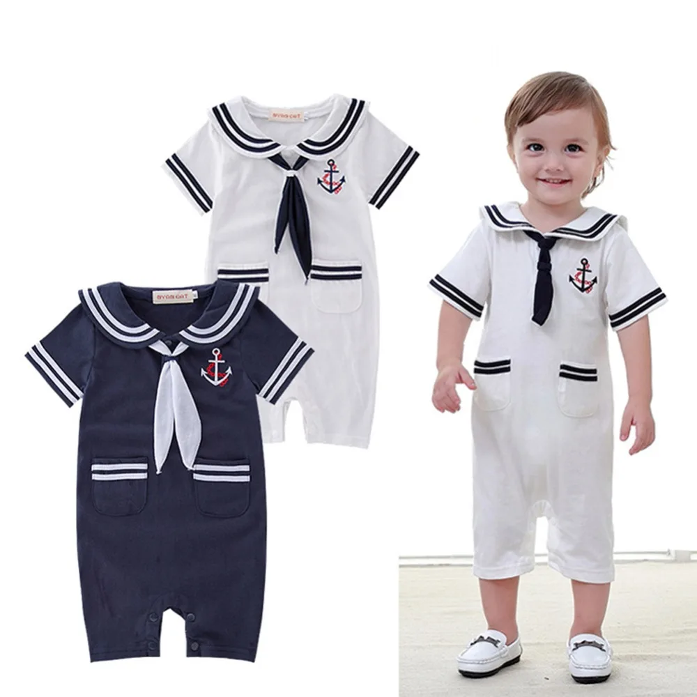 Baby Toddler Boys Girls Sailor Costume Suit Short Sleeve Stripe Romper