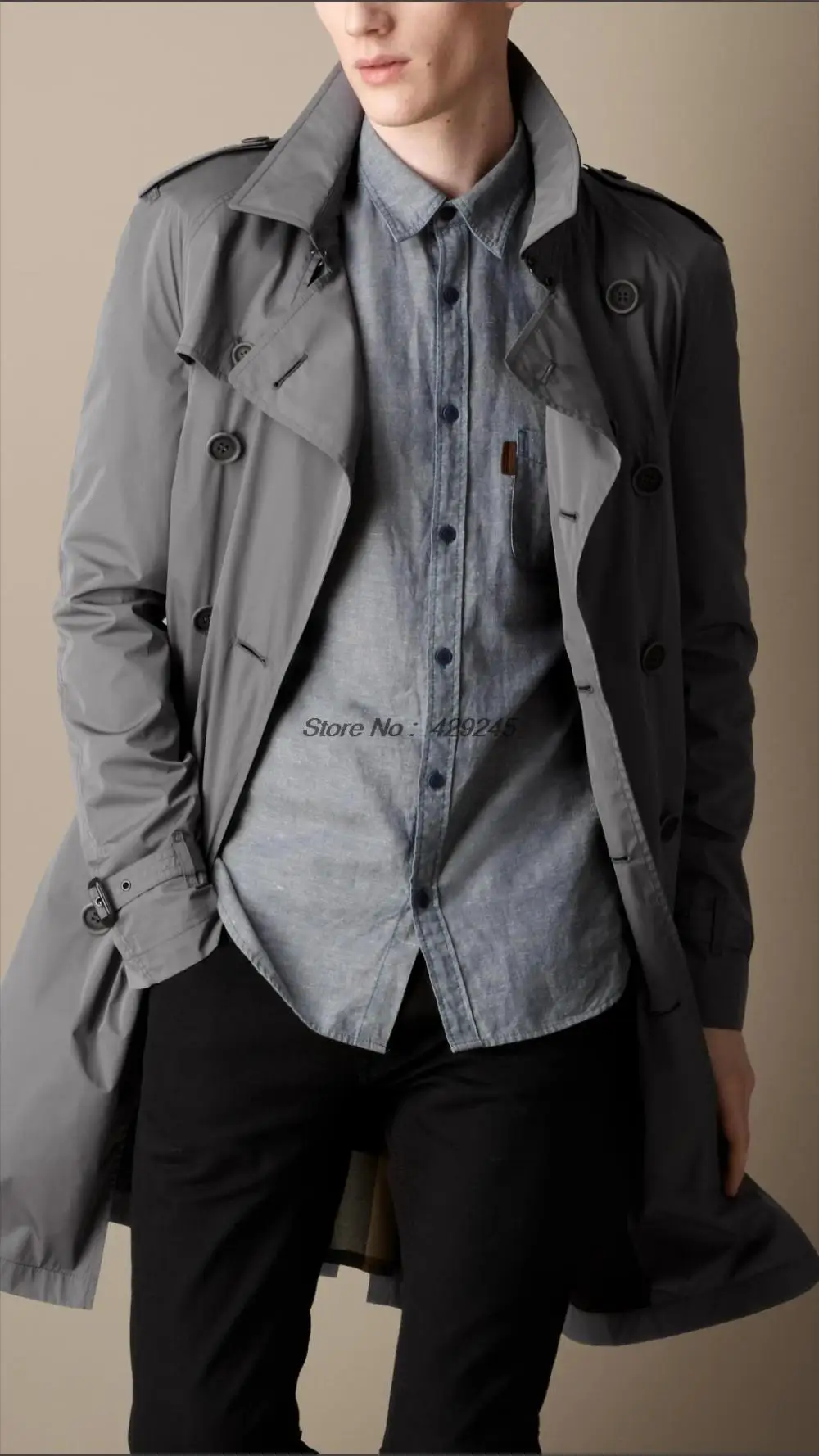 2013 Fashion Trench Coat mid length raglan sleeve 100% Cotton Gray ...