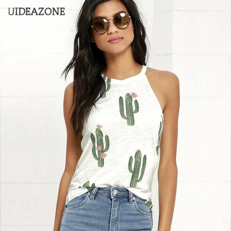 

Cute Cactus Print Women T Shirt Sexy Sleeveless Women Tops Tee Strap Tshirt Female Shirts Camiseta Women Tops