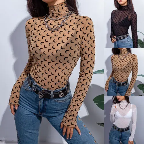 

2019 Sexy Women High Neck Transparent Mesh Sheer Solid Color Top T-Shirt Long Sleeve Tee Tops
