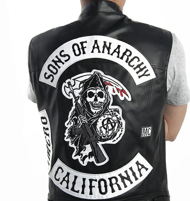 Соны анархии вышивка кожа Рок Панк-жилет косплей костюм черный цвет мотоциклетная куртка без рукавов
