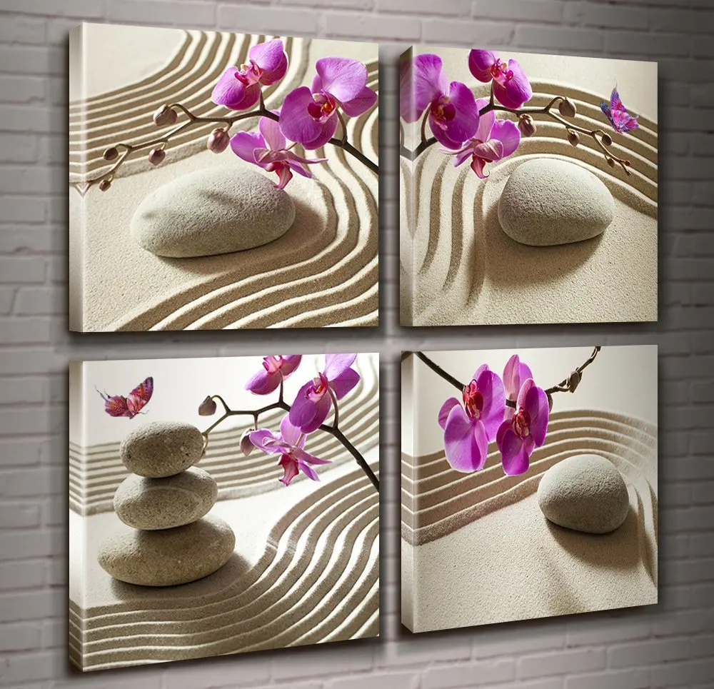 

4 Piece Canvas Wall Art Phalaenopsis Flowers Black Stone And White Candles Orchid Zen Poster Home Decorative Painting HD Printed