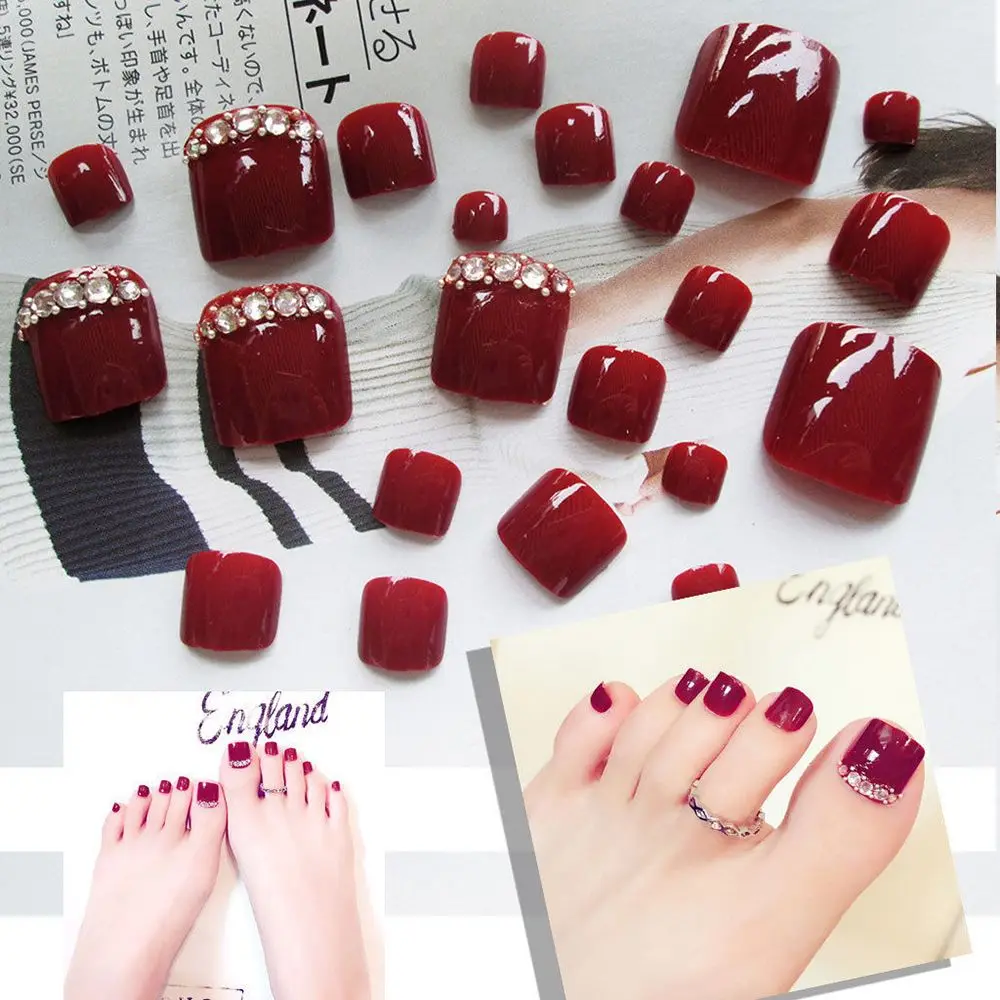

24Pcs Red Rhinestone Art Tips Full Cover False Toe Fake Nails Manicure Tools Hot